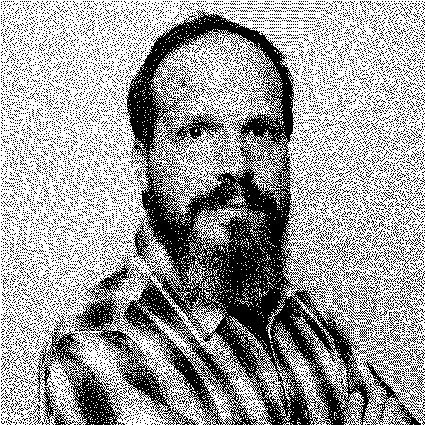 Headshot of Sherrard Ewing Glaittli, dithered to look like a Classic Mac image.