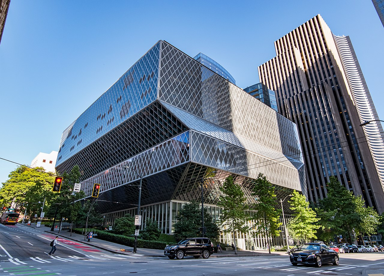 A photograph of the Seattle Central Library. The photo is distributed via Creative Commons License. More info: https://commons.wikimedia.org/wiki/File:Seattle_Library_01.jpg